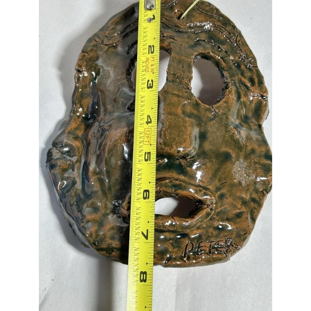 Vintage Clay Face Folk Art Ornament Hang Signed  Peter Artist Decor Collectible